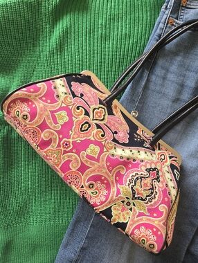 Nine West Kisslock Satchel Pink Paisley Boho Print Top Handle Bag